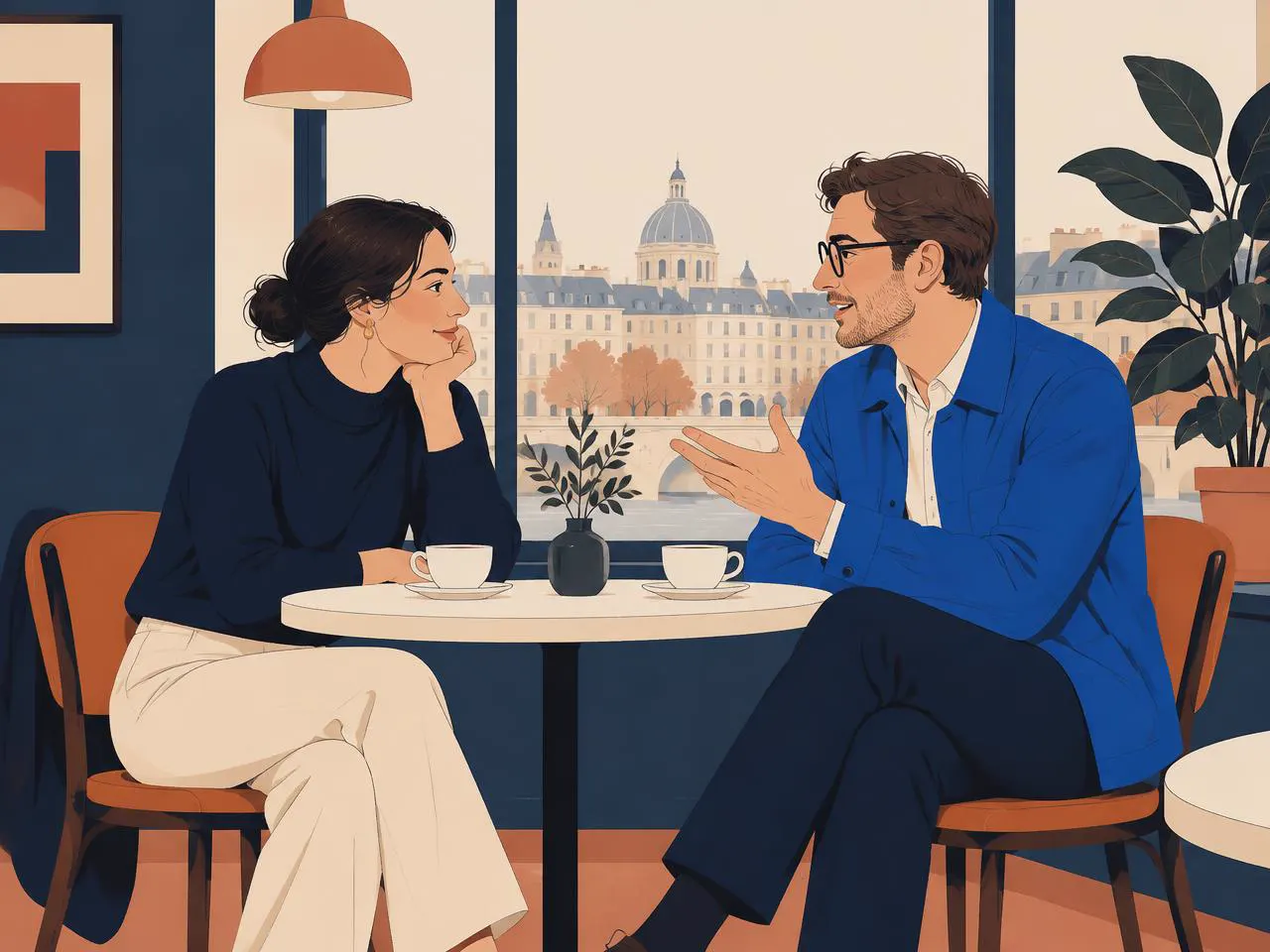 Illustration of three friends sitting together on a bench, talking in warm light