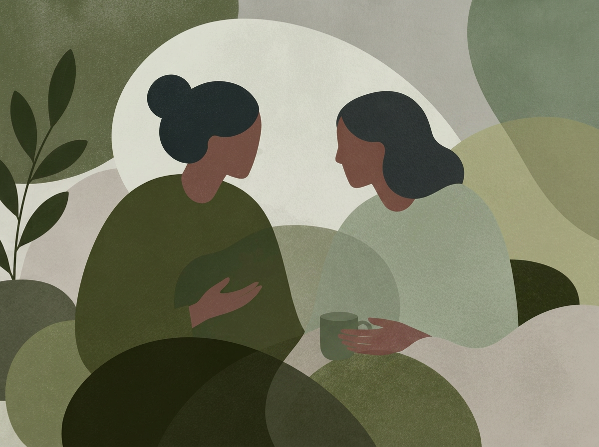 Illustration of two people in easy, warm conversation over tea